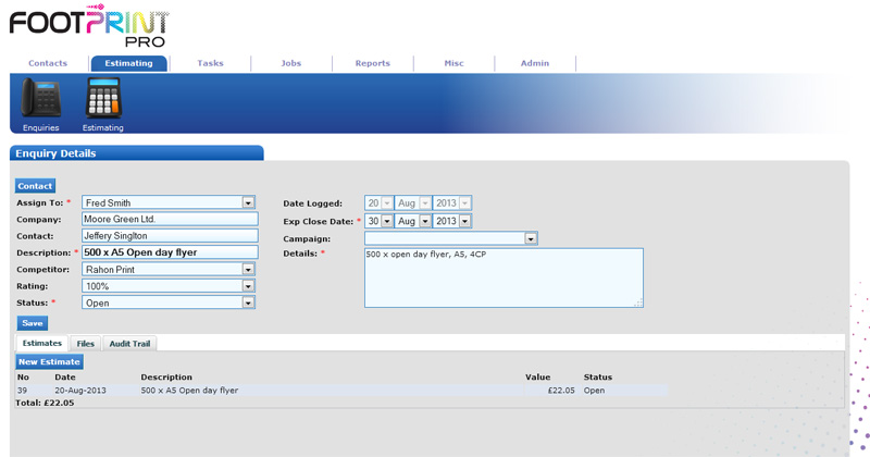 screen of of FootPrint Pro sales Enquiry page