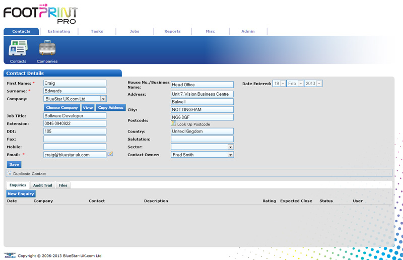 A screengrab of the contacts page in FootPrint Pro